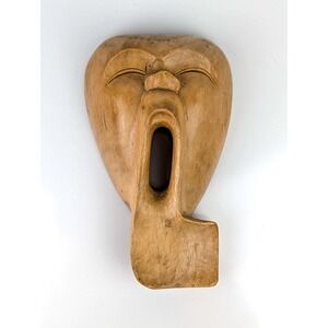 Hand Carved Wooden Yawning Face Mask Expressive Folk Art Sculpture Wall Decor